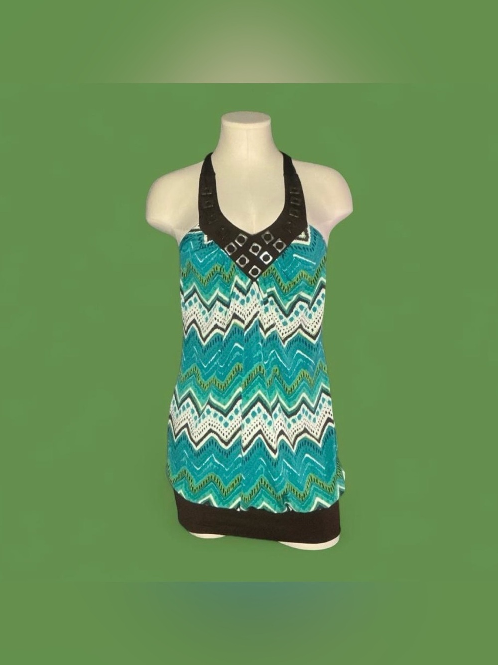 Heart Soul Teal Chevron Halter Camisole with Brown Trim